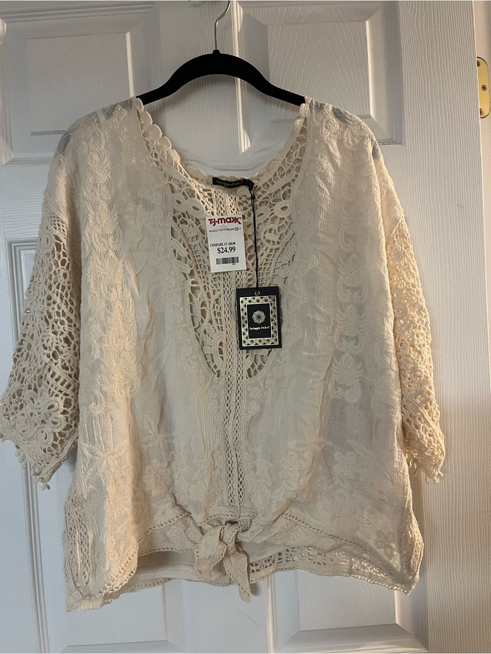 Crochet Tie-Front Blouse in Cream